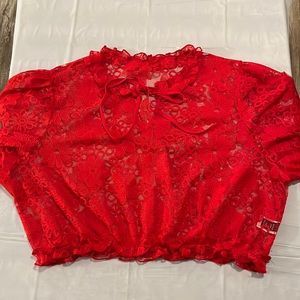 Shein Plus Tie Neck Puff Sleeve Crop Lace Top Without Bra